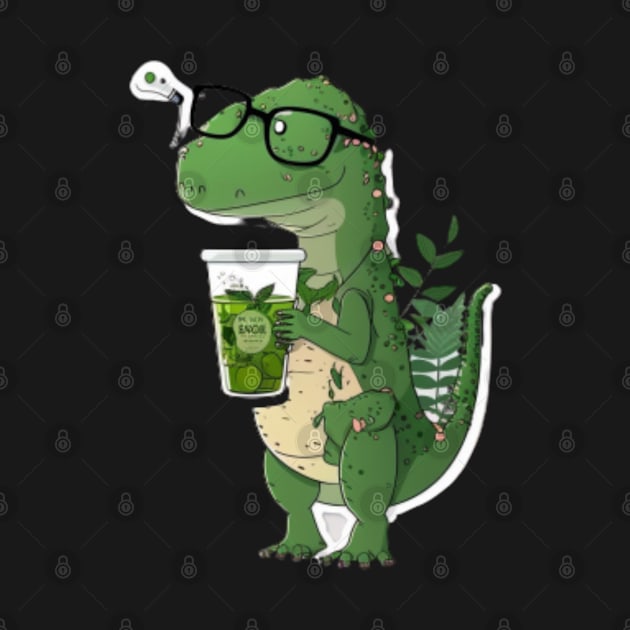 Green T-rex drinking tea Illustration by JEWEBIE