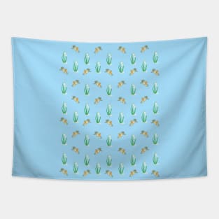 Red Robin Birds and Snowdrop Pattern on light Blue Background Tapestry