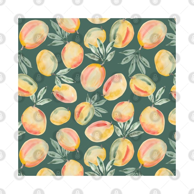 Watercolor painting of yellow mangoes on green pine background by marufemia