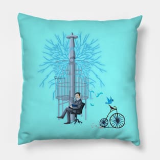 Blue bird riding bike Pillow