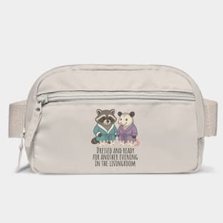 Raccoon and Possum in Robes and Bunny Slippers, introverts staying in Bag