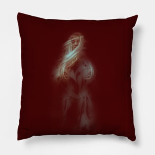 Strange beautiful woman with long bright hair. Step from darkness. Red, dark. Pillow