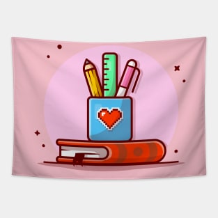 Stationery with Ruler, Pencil, Pen and Book Cartoon Vector Icon Illustration Tapestry