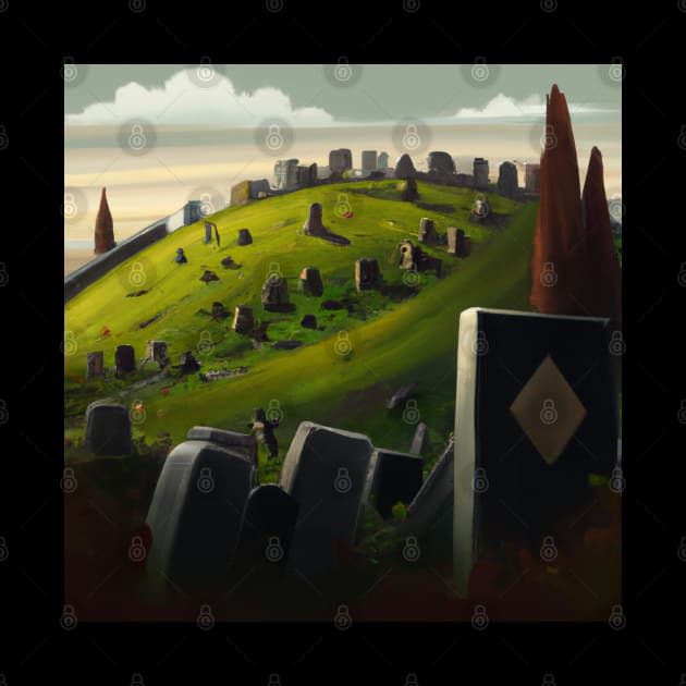 Cemetery Graveyard Headstones Green Hills Painting Digital Artwork by DesignIndex