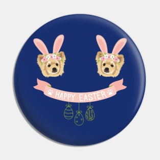 Pomeranian Dog Head with Bunny Ears, Happy Easter Sign and Hanging Eggs Pin