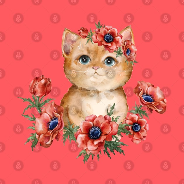 Ginger kitten with anemone wreath by Artishilik