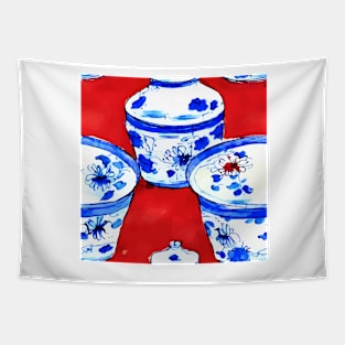 Blue and white chinoiserie bowls on red background Tapestry