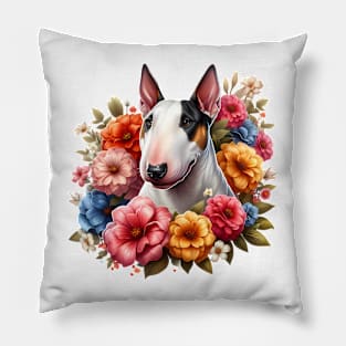 A bull terrier with beautiful colorful flowers Pillow