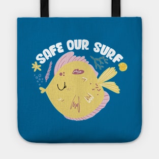 Safe our Surf quote with cute sea animal fish, starfish, coral and shell Tote