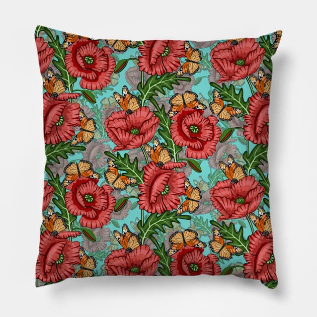 Poppies Flowers And Butterflies Pattern Pillow by Designoholic