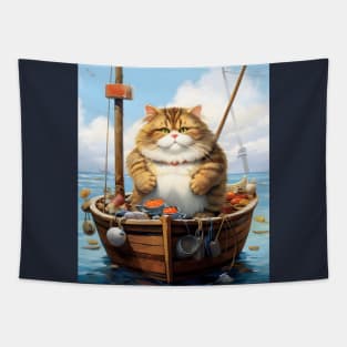 Cats at Sea: Fat Cat, little boat Vintage Style Art Tapestry