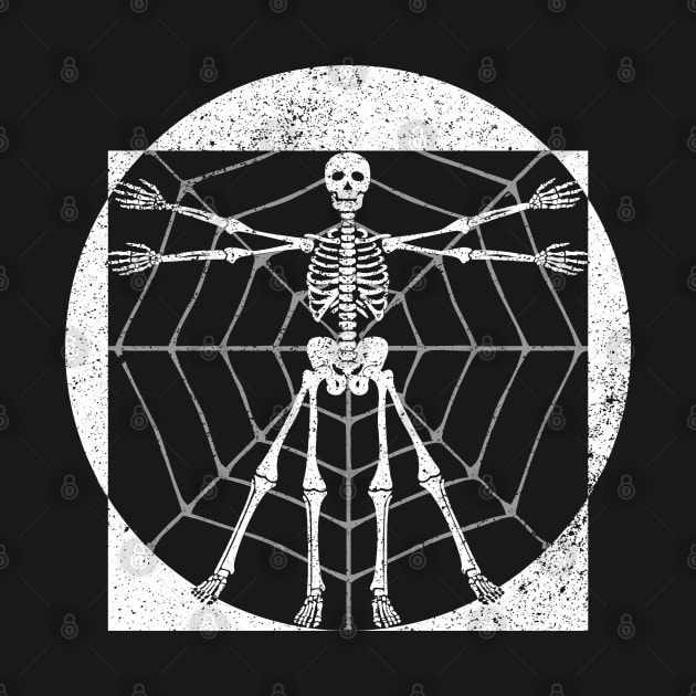 Creepy Halloween Vitruvian Man Skeleton In Spider Web by Muzehack