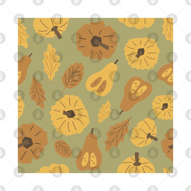 Hand drawn autumn oak leaves, pumpkins seamless pattern by essskina