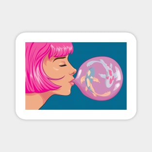 Pink Haired Girl Blowing Bubble Gum Koi Fish Magnet