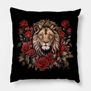 majestic lion surrounded by vibrant red roses Pillow