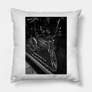 Bicycle in Barbershop Window. York, United Kingdom Pillow