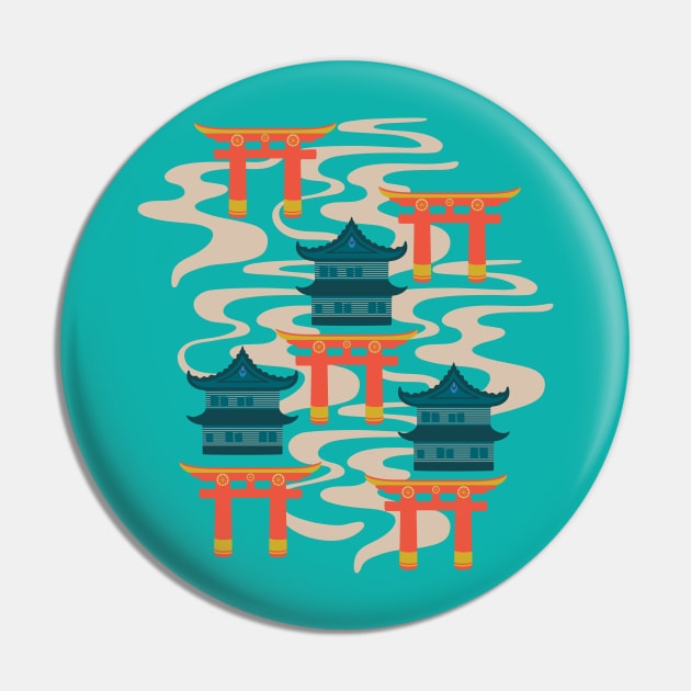 EDO Traditional Japanese Castles and Oriental Japan Torii Gates with Flowing River in Rainbow Palette Turquoise Orange Teal Yellow - UnBlink Studio by Jackie Tahara Pin by UnBlink Studio by Jackie Tahara