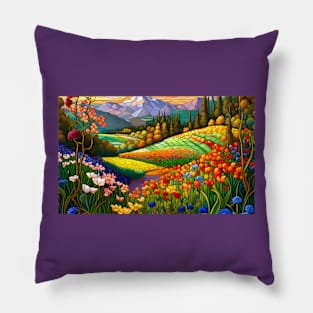 Stained Glass Colorful Mountain Meadow Pillow