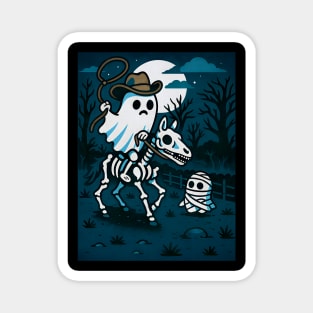 Ghost Cowboy and Skeleton Horse – Cute Spooky Western Halloween Art Magnet