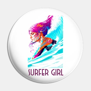 surfer girl, beach surf, wave riding, v3 Pin