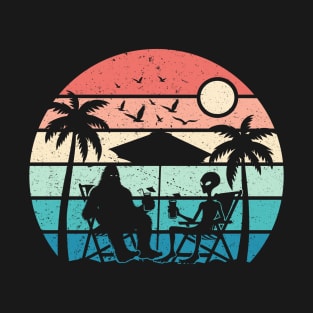 Bigfoot Sasquatch With Alien Friend Retro Tropical Sunset Beach T-Shirt