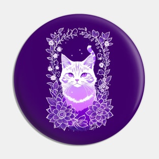 White Cat with Purple Blooms Pin