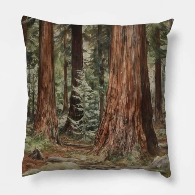 Redwood Forest Trees Retro Painting Pillow by Danielleroyer