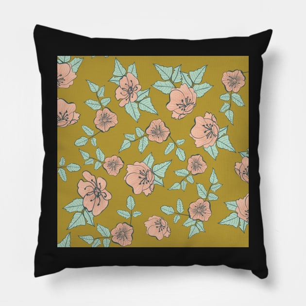 California Wild Rose Pink, Mint, Mustard Pillow by WalkSimplyArt