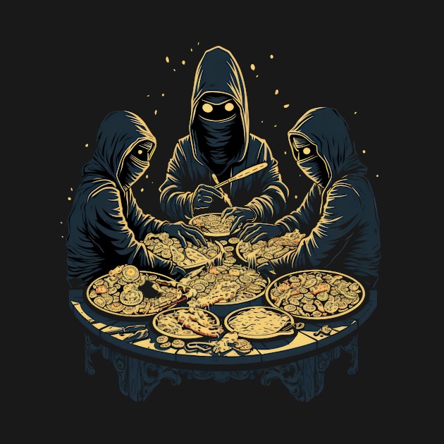 Ninja Pizza Feast: Black, Blue, Yellow Doodle Art Tee by YUED