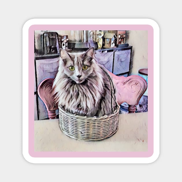 Grey Green Eyed Cat In Basket Magnet by PandLCreations