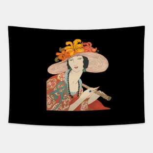 Lady in a hat (on black) Tapestry