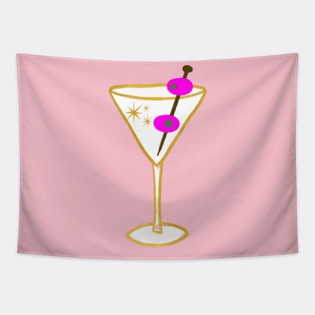 Glam Retro Faux Gold Martini Cocktail Drink Glass With two Pink Olives Illustration Tapestry by LittleForest