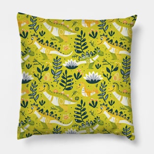 Delightful Dinosaurs in Enchanted Garden Pattern Pillow