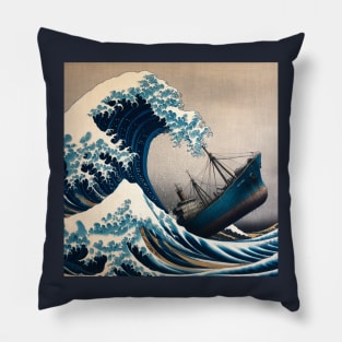 Kanagawa Wave Cargo Ship - The Great Wave Off Kanagawa Meme Pillow