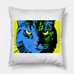 ANGRY CAT POP ART -  BLUE YELLOW GREEN BLACK Pillow