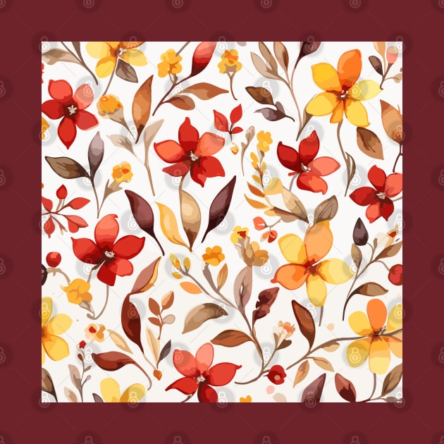 Yellow Red and Brown Floral Pattern on White by Siha Arts