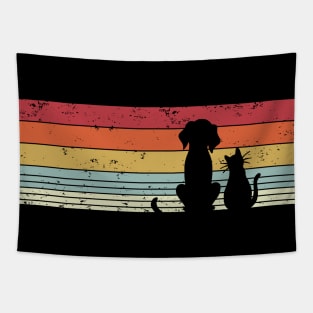 Vintage retro cat and dog sunset Tapestry