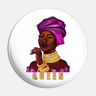 Queen - yass queen - Black is beautiful black girl with Gold bangles, neck ring necklace, purple dress and head wrap, brown eyes and dark brown skin ! Pin