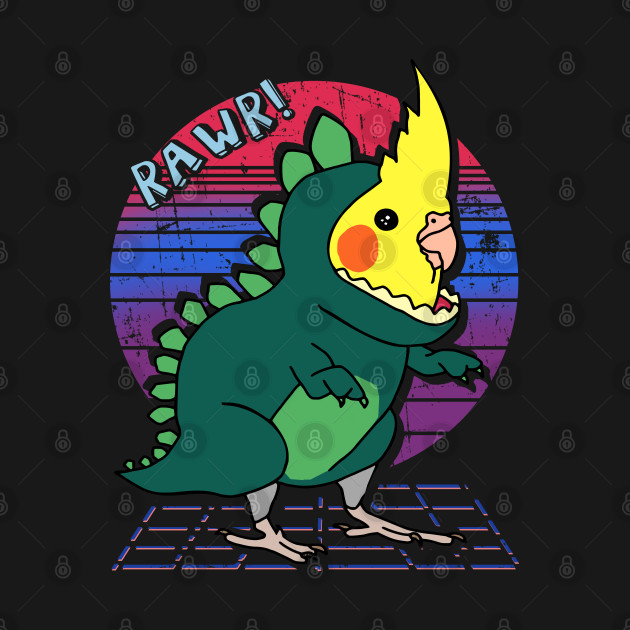 Aesthetic Vaporwave Cockatiel Dinosaur Doodle - Birb Memes - T-Shirt