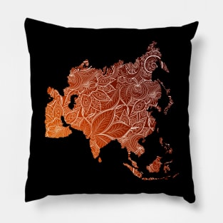 Colorful mandala art map of Asia with text in brown and orange Pillow