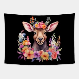 A moose decorated with beautiful watercolor flowers Tapestry