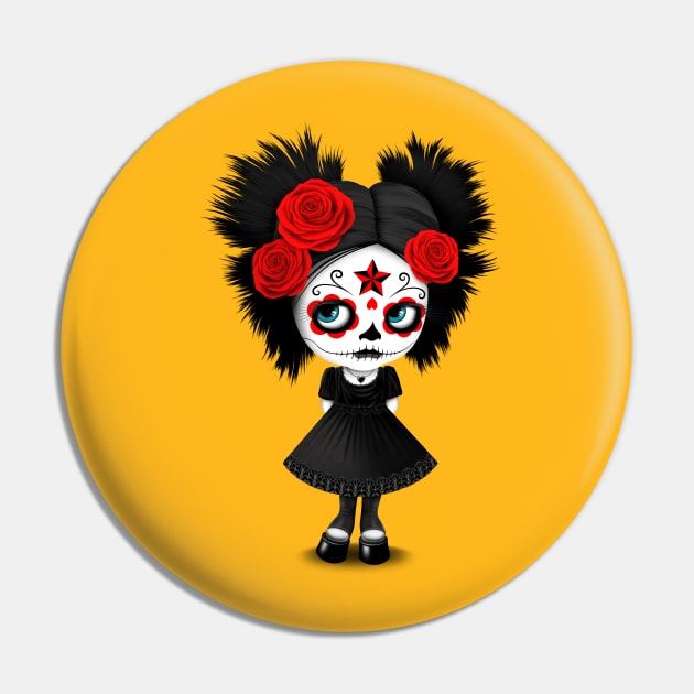 Shy Big Eyes Day of the Dead Girl with Red Roses Pin by jeffbartels