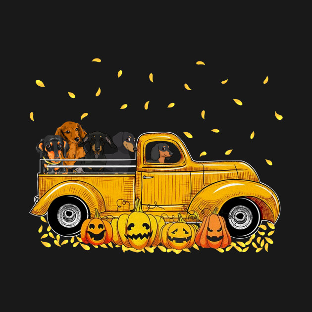 Discover Yellow Car Truck Dachshunds And Pumpkins Halloween - Halloween - T-Shirt