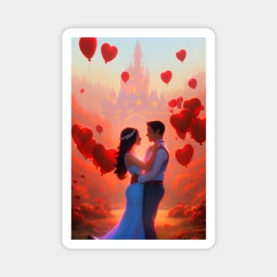 A beautiful couple with heart balloons and a fairytale castle Magnet