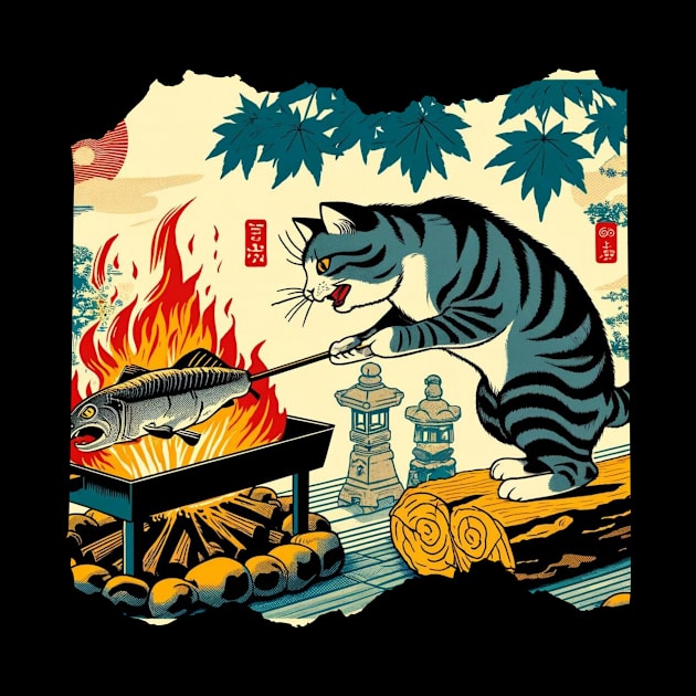 Kitten Grill Humor Fish Roasting Japanese Art Survival Cat by Willie Biz Merch