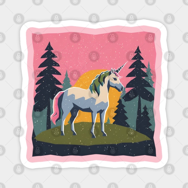 Mystical Unicorn in the Forest - Bold Risograph Print Magnet by TuncGK