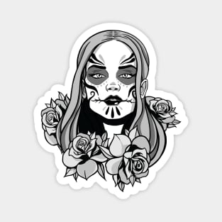 Sugar Skull Woman with Roses Black and White Magnet