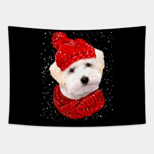 White Maltipoo Wearing Red Hat And Scarf Christmas Tapestry