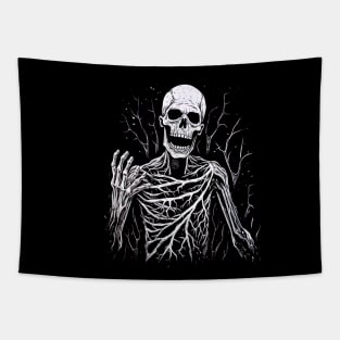 male skeleton smiling, halloween design Tapestry