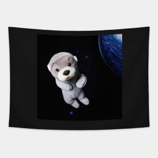 OtterSpace Otter Astronaut Plushie in front of planet outerspace Tapestry